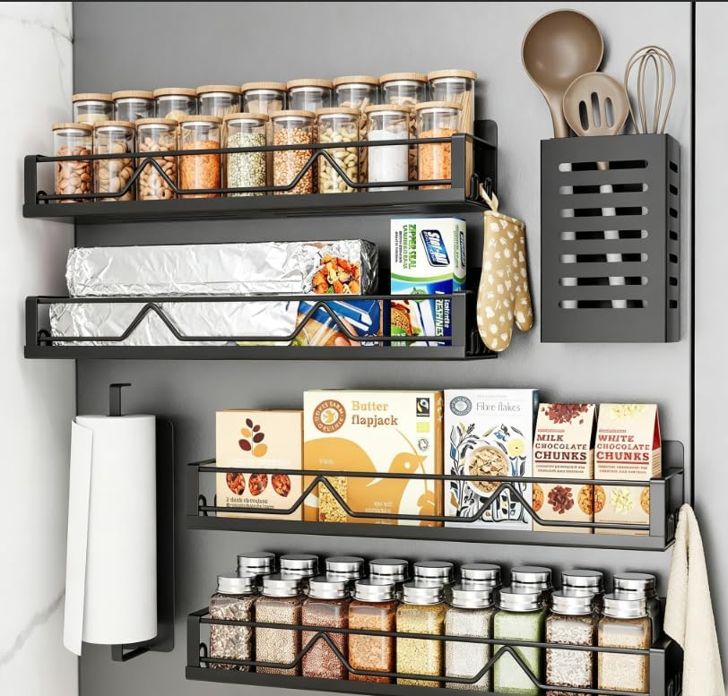 4 Pack Magnetic Spice Rack for Refrigerator, Magnetic Shelf Fridge Organizer for Kitchen Storage, Black