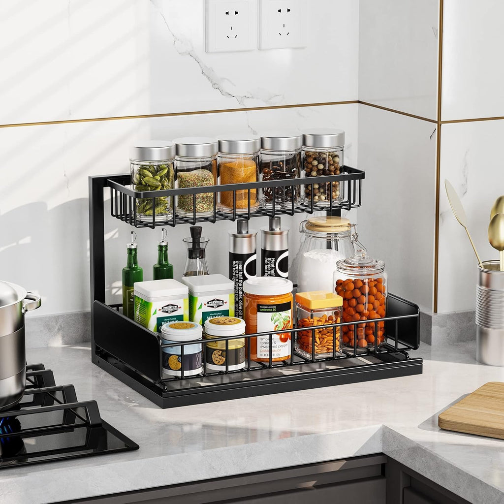 Under Sink Organizer, Metal Pull Out Cabinet Organizer, Slide Out L-shape Under Cabinet Storage Shelves, Multi-purpose Sink Storage for Kitchen Bathroom Cabinet, Matt Black(Small Size)