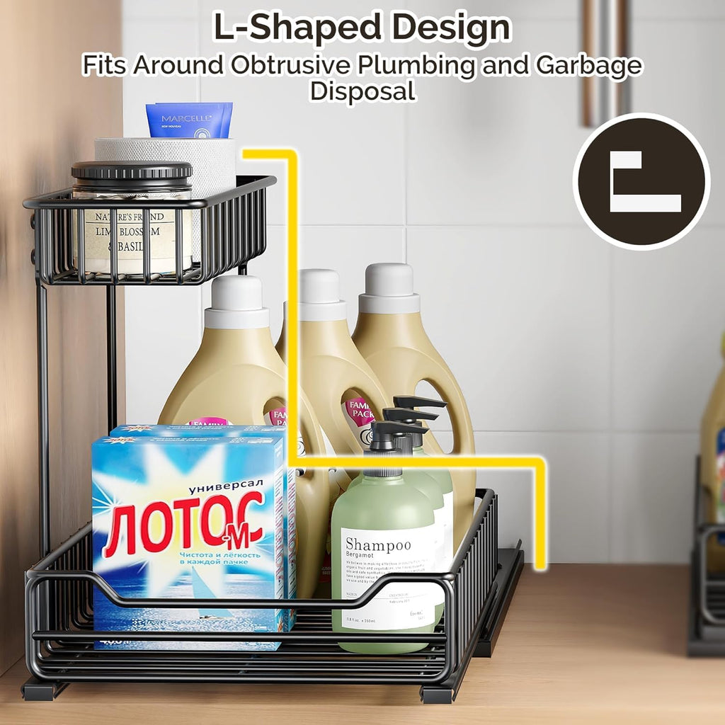 Under Sink Organizer, Metal Pull Out Cabinet Organizer, Slide Out L-shape Under Cabinet Storage Shelves, Multi-purpose Sink Storage for Kitchen Bathroom Cabinet, Matt Black(Small Size)