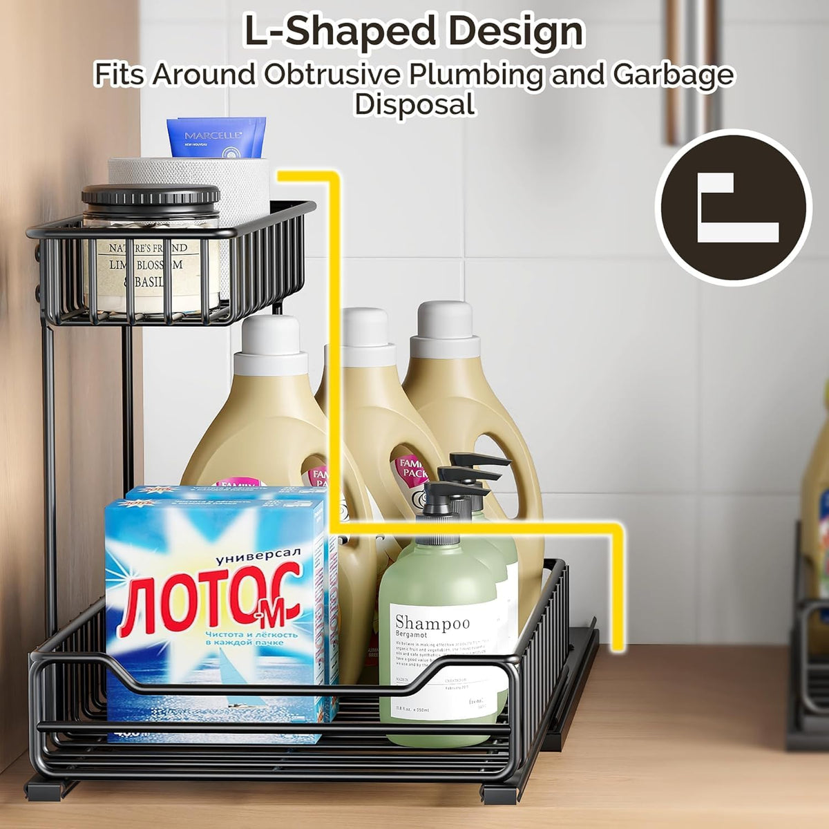 Under Sink Organizer, Metal Pull Out Cabinet Organizer, Slide Out L-shape Under Cabinet Storage Shelves, Multi-purpose Sink Storage for Kitchen Bathroom Cabinet, Matt Black(Small Size)