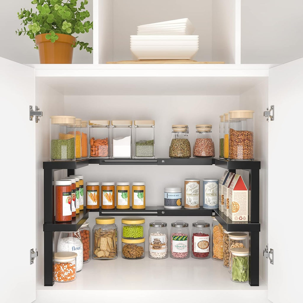 Metal Kitchen Spice Rack, Spice Organizer for Cabinet with Double-Layer Expandable, Seasoning Rack for Countertops, Pantries and Cabinets (Black)
