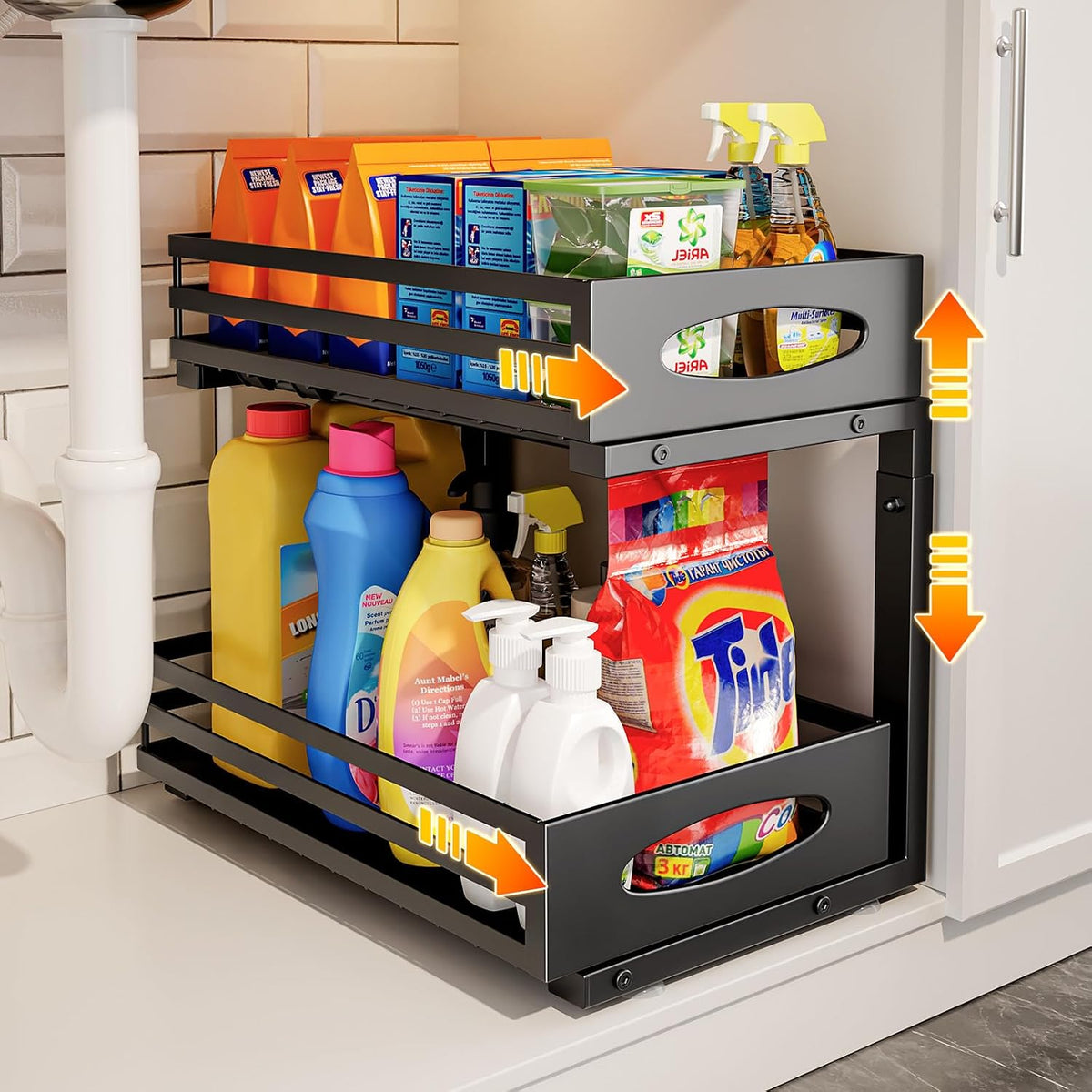Under Sink Organizer, 2 Tier Under Sink Organizers and Storage, Adjustable Height, Slide out Metal Cabinet Organizers, Pull out Cabinet Storage Drawer Shelf for Kitchen Bathroom (Black, 2)