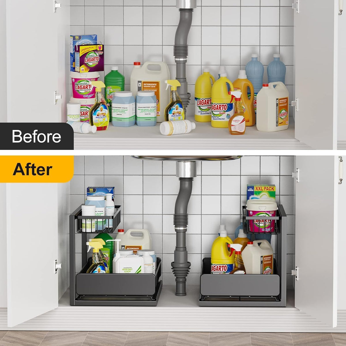 Under Sink Organizer, Metal Pull Out Cabinet Organizer, Slide Out L-shape Under Cabinet Storage Shelves, Multi-purpose Sink Storage for Kitchen Bathroom Cabinet, Matt Black(Small Size)