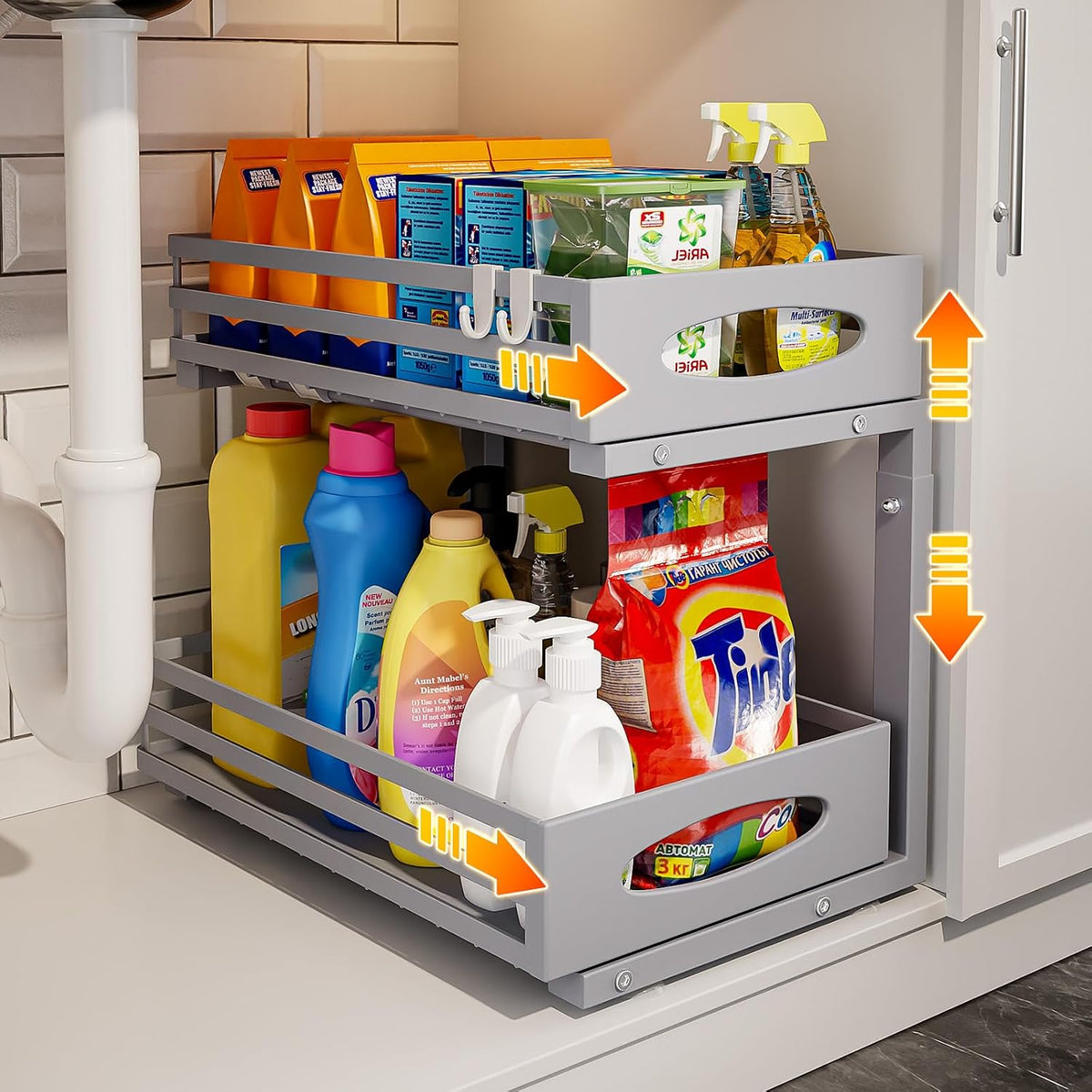 Under Sink Organizer, 2 Tier Under Sink Organizers and Storage, Adjustable Height, Slide out Metal Cabinet Organizers, Pull out Cabinet Storage Drawer Shelf for Kitchen Bathroom (Black, 2)