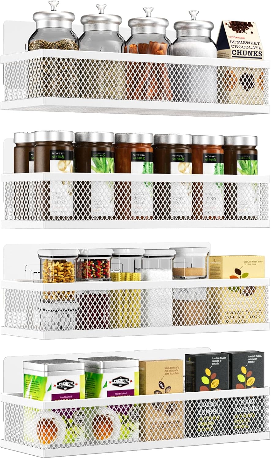 Spice Rack Wall Mount, 4 Pack Pantry Door Organizer & Hanging Storage Baskets Organizer Wall Mount, Large Capacity Metal Spice Shelf for Kitchen Cabinet, Pantry Doors, Bathroom, Shower, Home Decor