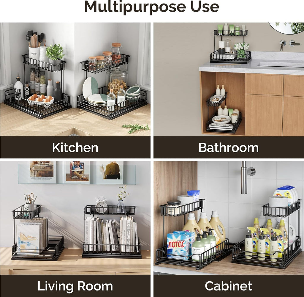 Under Sink Organizer, Metal Pull Out Cabinet Organizer, Slide Out L-shape Under Cabinet Storage Shelves, Multi-purpose Sink Storage for Kitchen Bathroom Cabinet, Matt Black(Small Size)