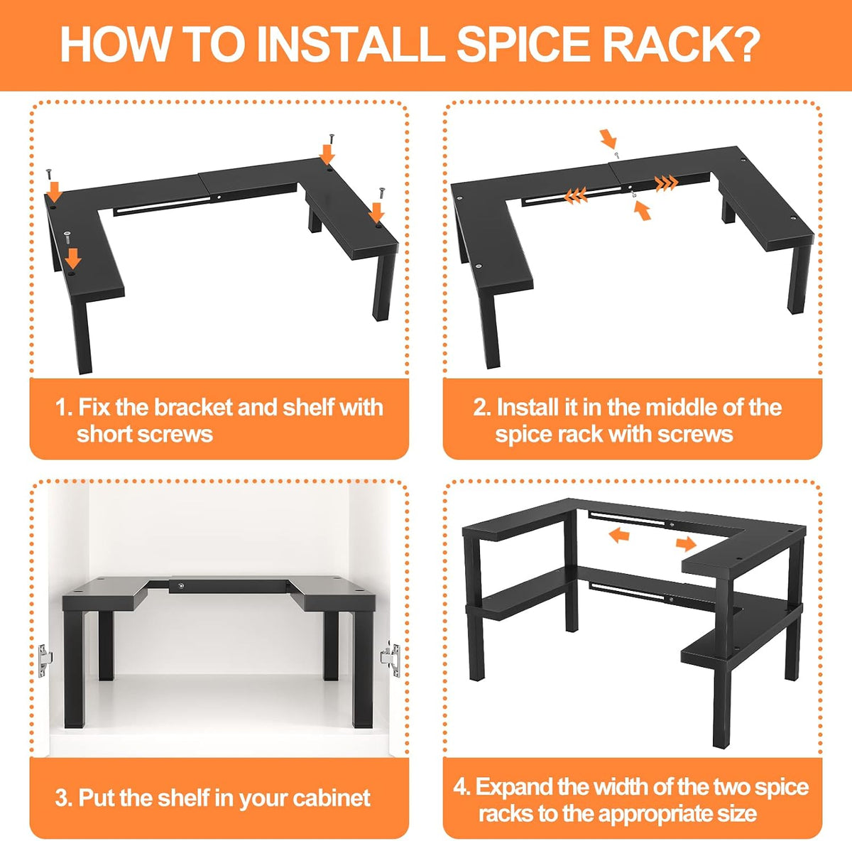 Metal Kitchen Spice Rack, Spice Organizer for Cabinet with Double-Layer Expandable, Seasoning Rack for Countertops, Pantries and Cabinets (Black)