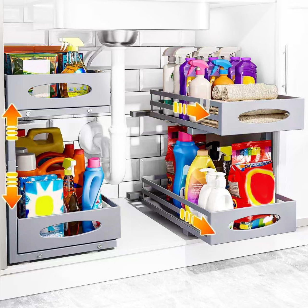 Under Sink Organizer, 2 Tier Under Sink Organizers and Storage, Adjustable Height, Slide out Metal Cabinet Organizers, Pull out Cabinet Storage Drawer Shelf for Kitchen Bathroom (Black, 2)