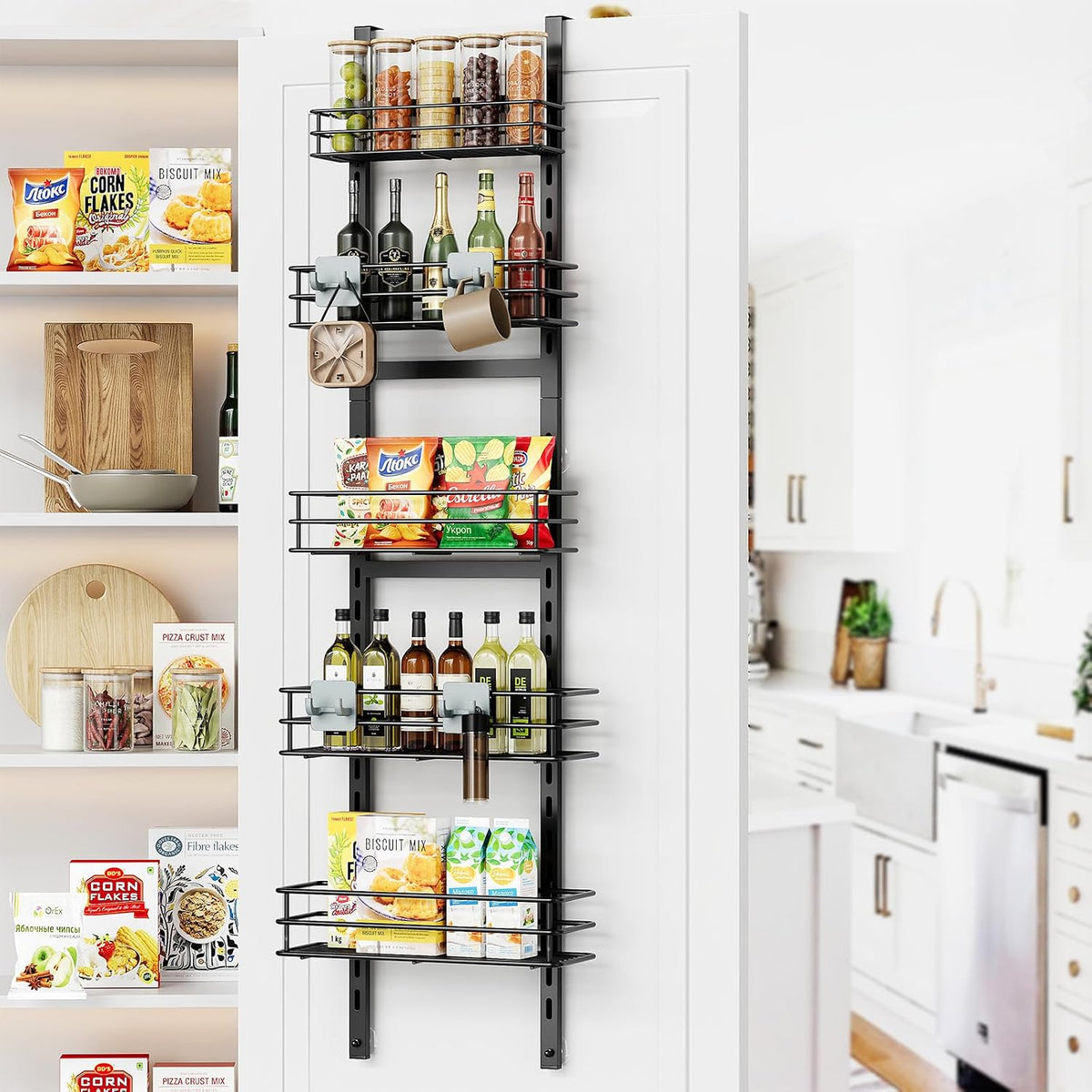 Over the Door Pantry Organizer, Metal Pantry Organizers and Storage, 5-Tier Over the Door Organizer, Pantry Door Organizer for Easy Install, Black