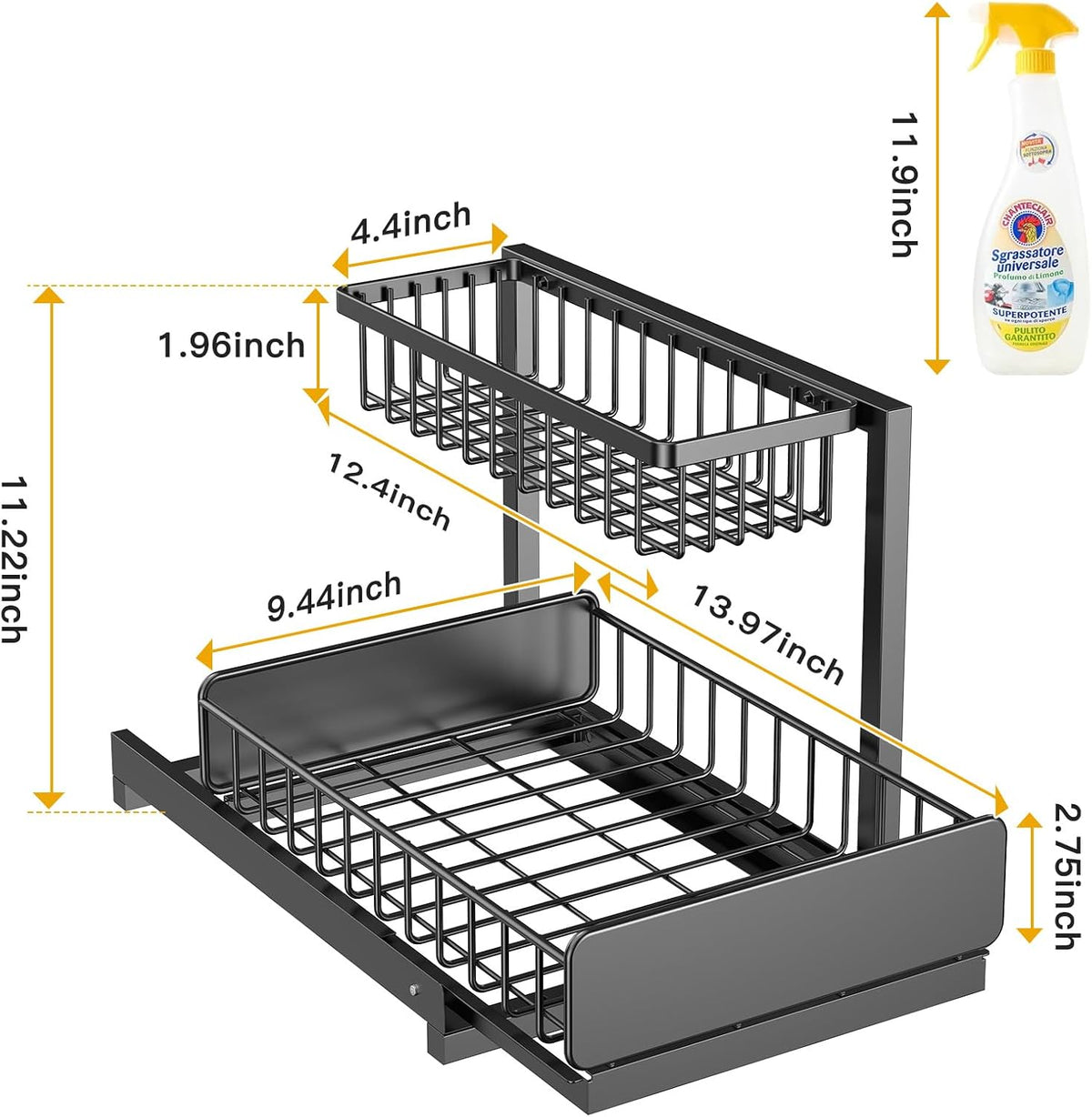 Under Sink Organizer, Metal Pull Out Cabinet Organizer, Slide Out L-shape Under Cabinet Storage Shelves, Multi-purpose Sink Storage for Kitchen Bathroom Cabinet, Matt Black(Small Size)