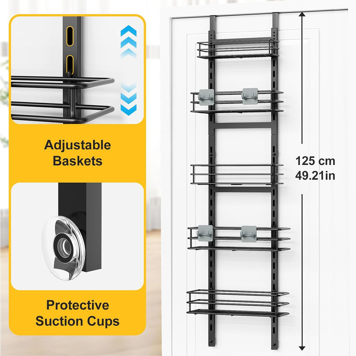 Over the Door Pantry Organizer, Metal Pantry Organizers and Storage, 5-Tier Over the Door Organizer, Pantry Door Organizer for Easy Install, Black