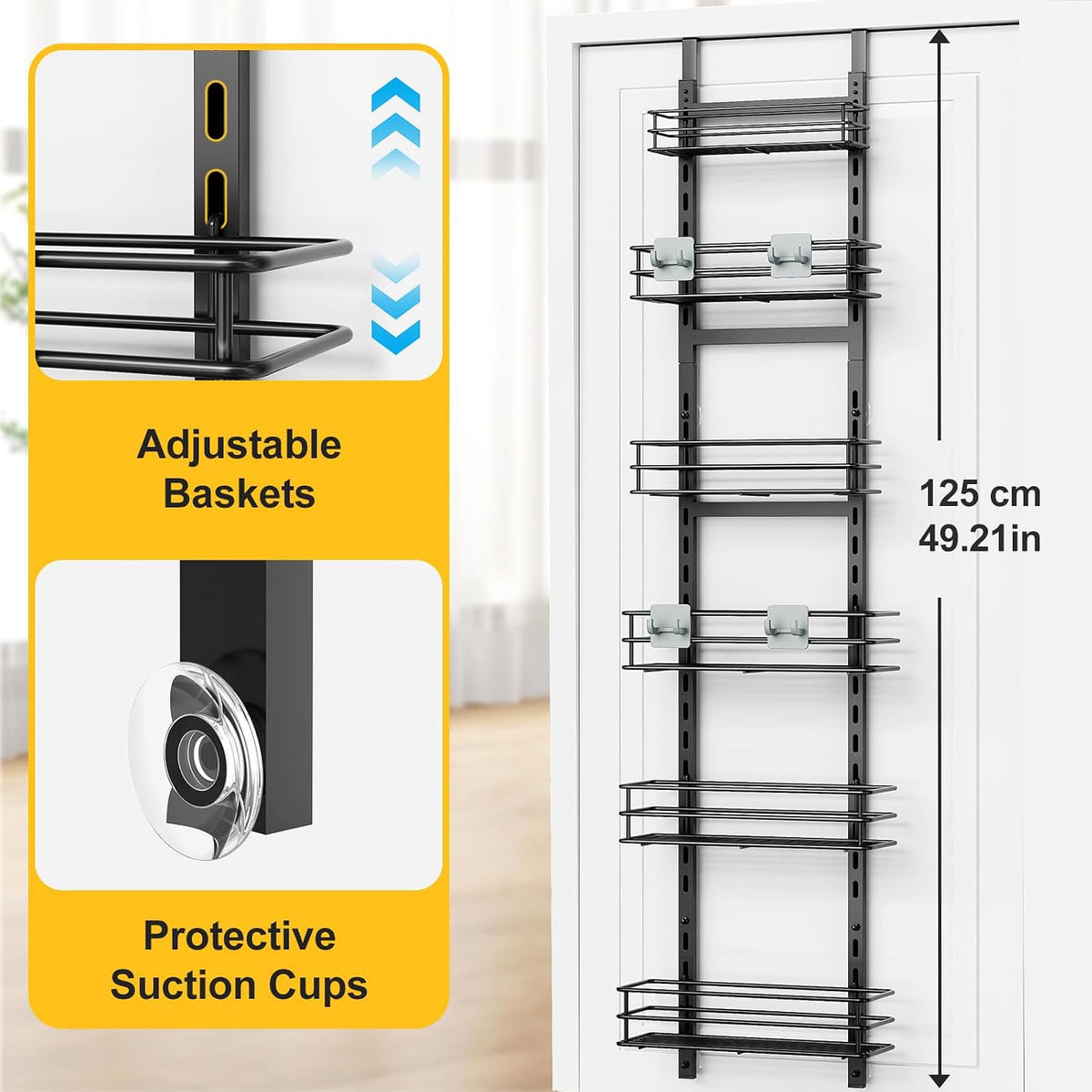Over the Door Pantry Organizer, Metal Pantry Organizers and Storage, 6-Tier Over the Door Organizer, Pantry Door Organizer for Easy Install, Black