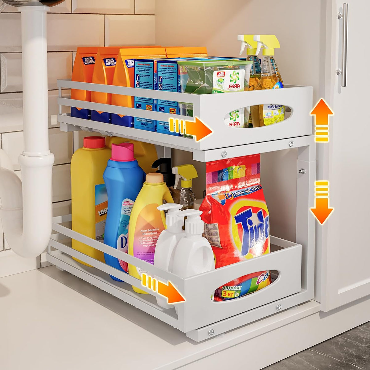 Under Sink Organizer, 2 Tier Under Sink Organizers and Storage, Adjustable Height, Slide out Metal Cabinet Organizers, Pull out Cabinet Storage Drawer Shelf for Kitchen Bathroom (Black, 2)