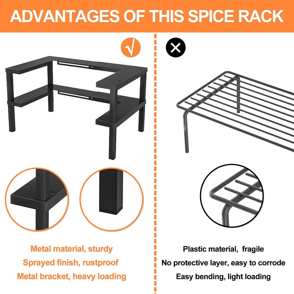 Metal Kitchen Spice Rack, Spice Organizer for Cabinet with Double-Layer Expandable, Seasoning Rack for Countertops, Pantries and Cabinets (Black)