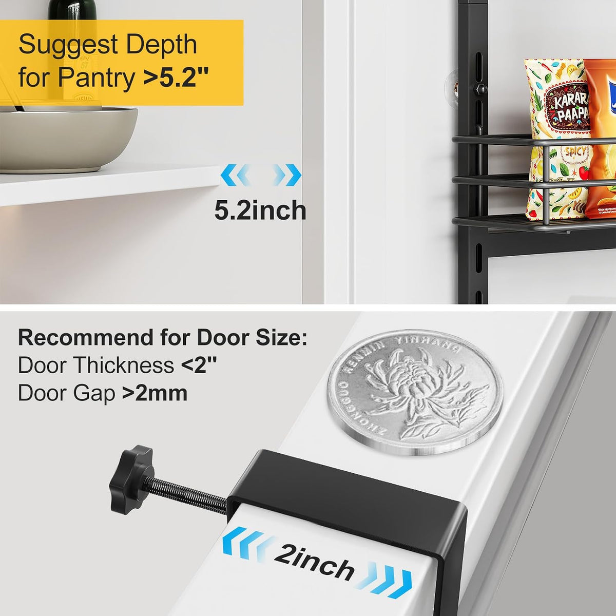 Over the Door Pantry Organizer, Metal Pantry Organizers and Storage, 5-Tier Over the Door Organizer, Pantry Door Organizer for Easy Install, Black