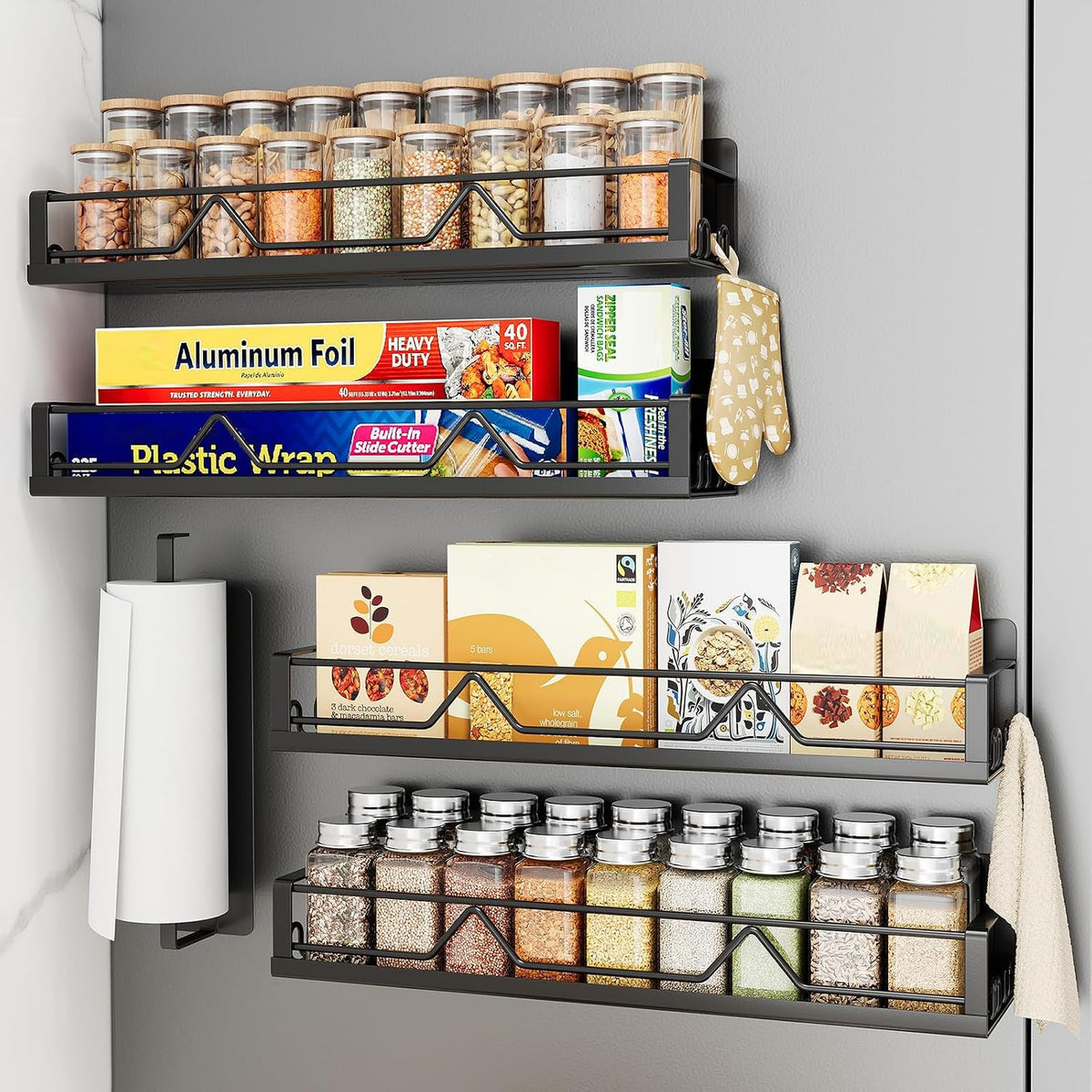 4 Pack Magnetic Spice Rack for Refrigerator, Magnetic Shelf Fridge Organizer for Kitchen Storage, Black
