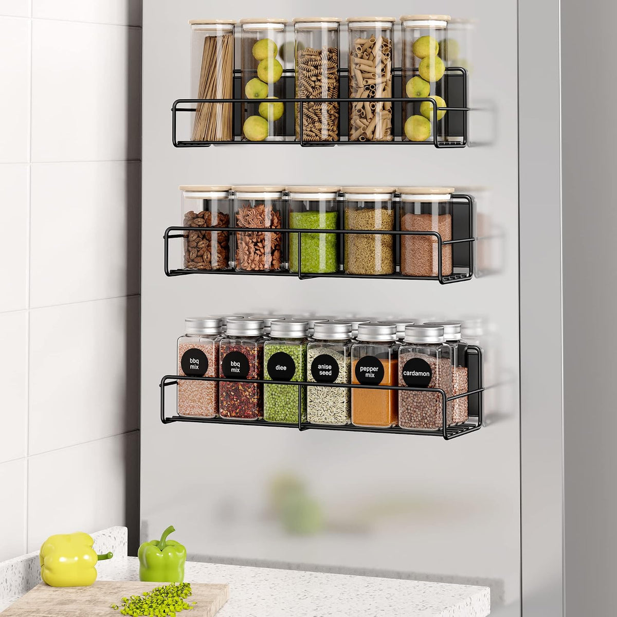 4 Pack Magnetic Spice Rack for Refrigerator, Magnetic Shelf Fridge Organizer for Kitchen Storage, Black
