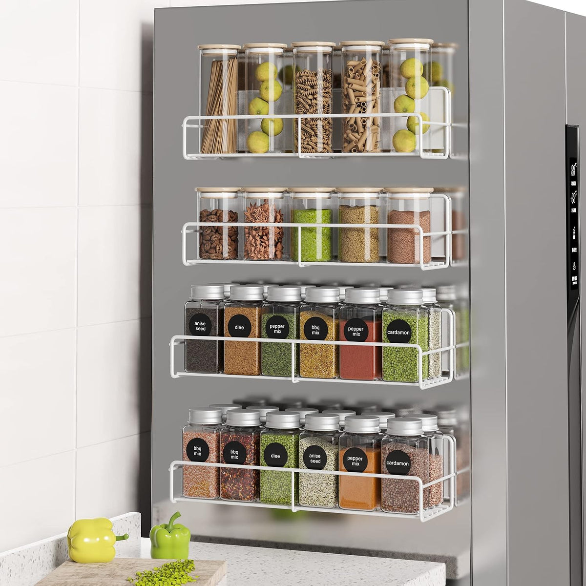 4 Pack Magnetic Spice Rack for Refrigerator, Magnetic Shelf Fridge Organizer for Kitchen Storage, Black