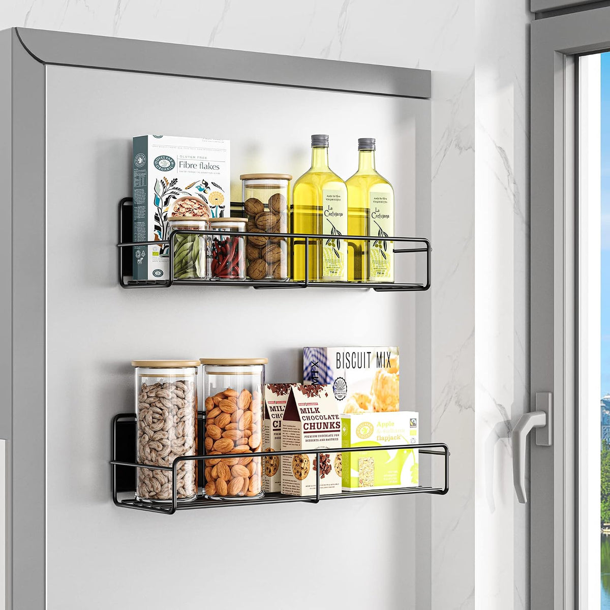 4 Pack Magnetic Spice Rack for Refrigerator, Magnetic Shelf Fridge Organizer for Kitchen Storage, Black