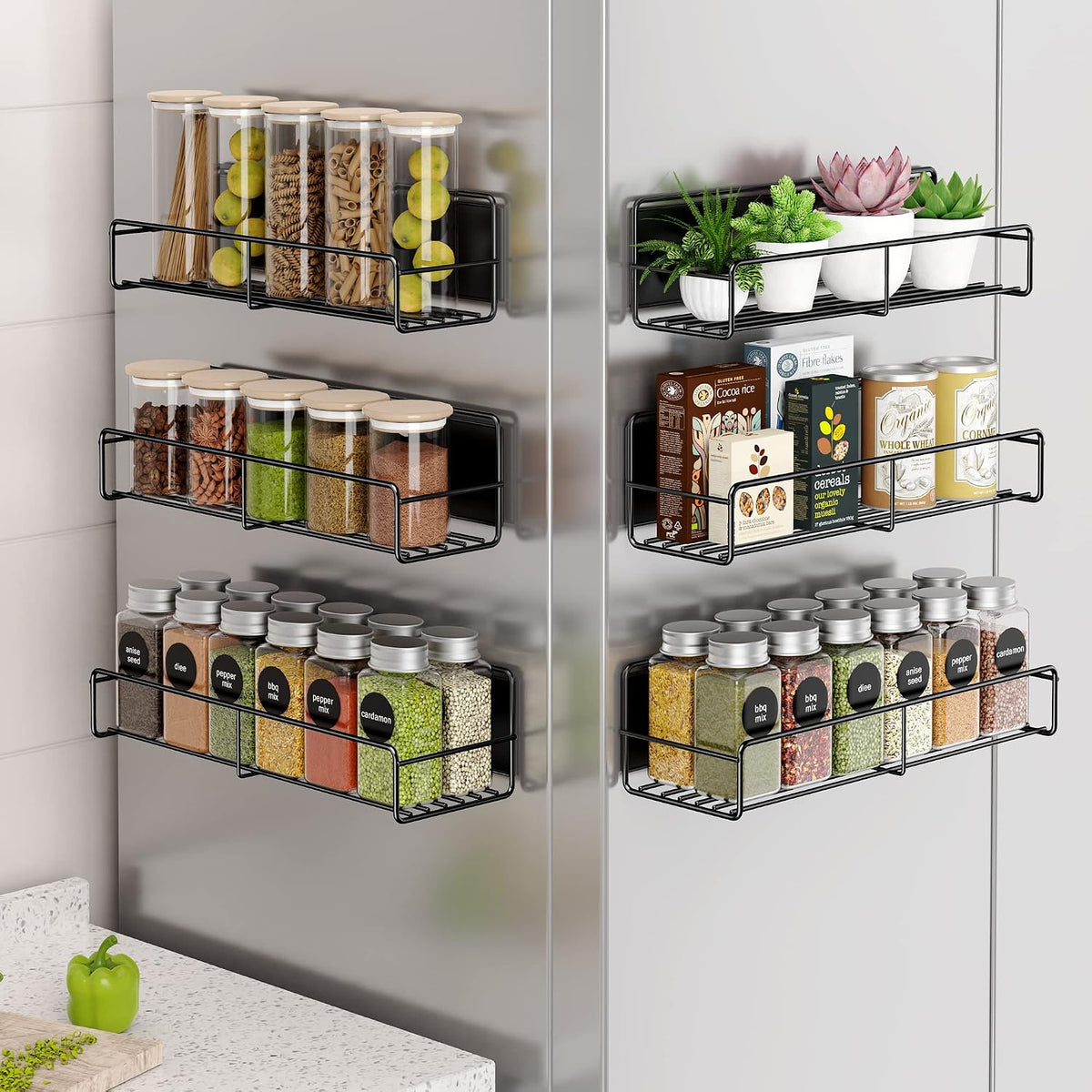 4 Pack Magnetic Spice Rack for Refrigerator, Magnetic Shelf Fridge Organizer for Kitchen Storage, Black