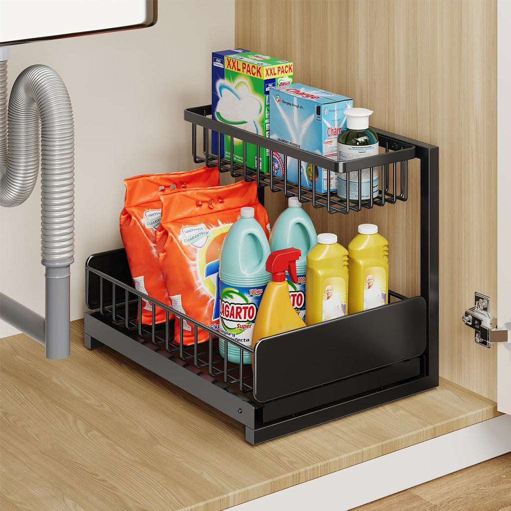 Under Sink Organizer, Metal Pull Out Cabinet Organizer, Slide Out L-shape Under Cabinet Storage Shelves, Multi-purpose Sink Storage for Kitchen Bathroom Cabinet, Matt Black(Small Size)