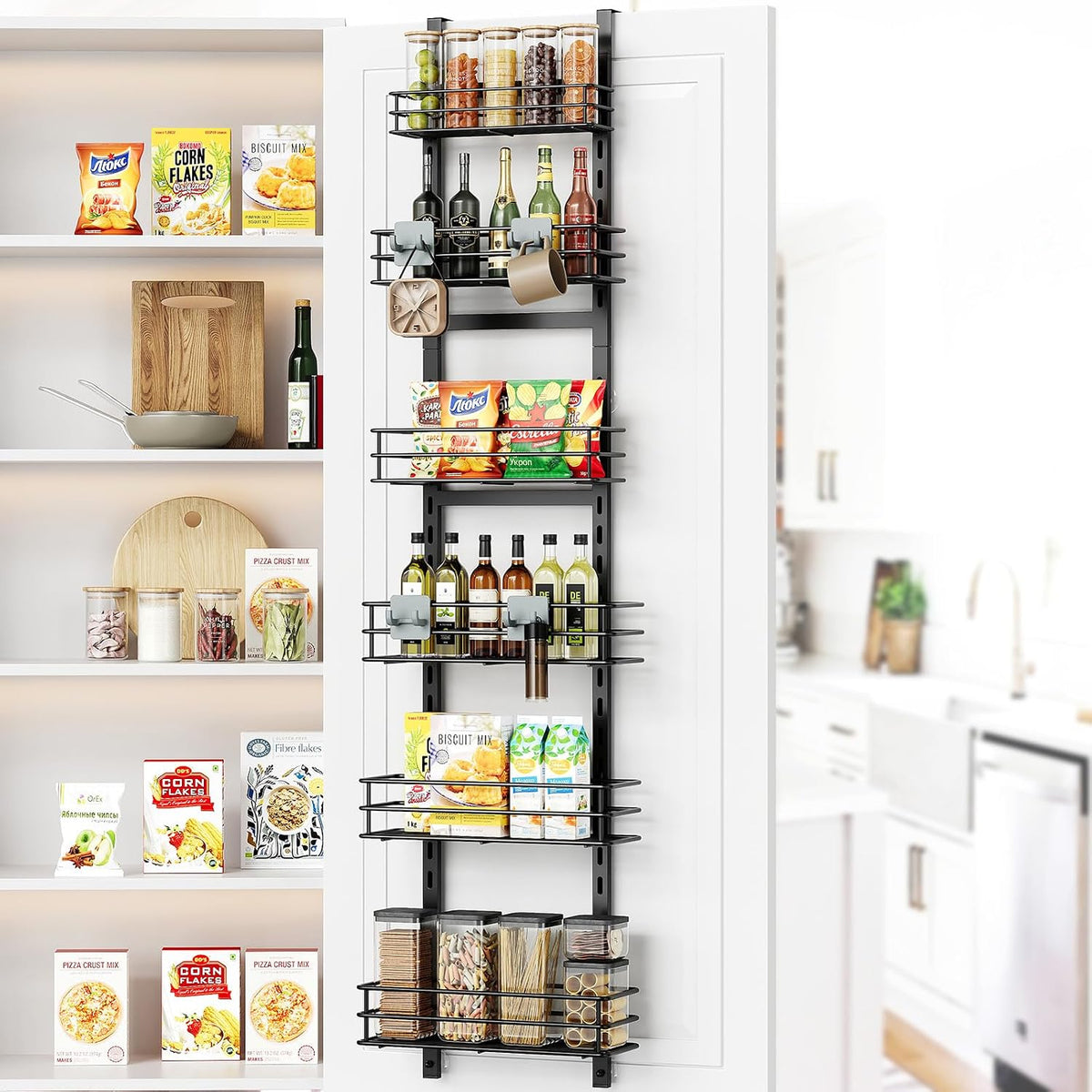 Over the Door Pantry Organizer, Metal Pantry Organizers and Storage, 6-Tier Over the Door Organizer, Pantry Door Organizer for Easy Install, Black