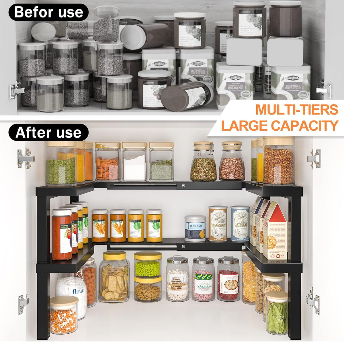 Metal Kitchen Spice Rack, Spice Organizer for Cabinet with Double-Layer Expandable, Seasoning Rack for Countertops, Pantries and Cabinets (Black)