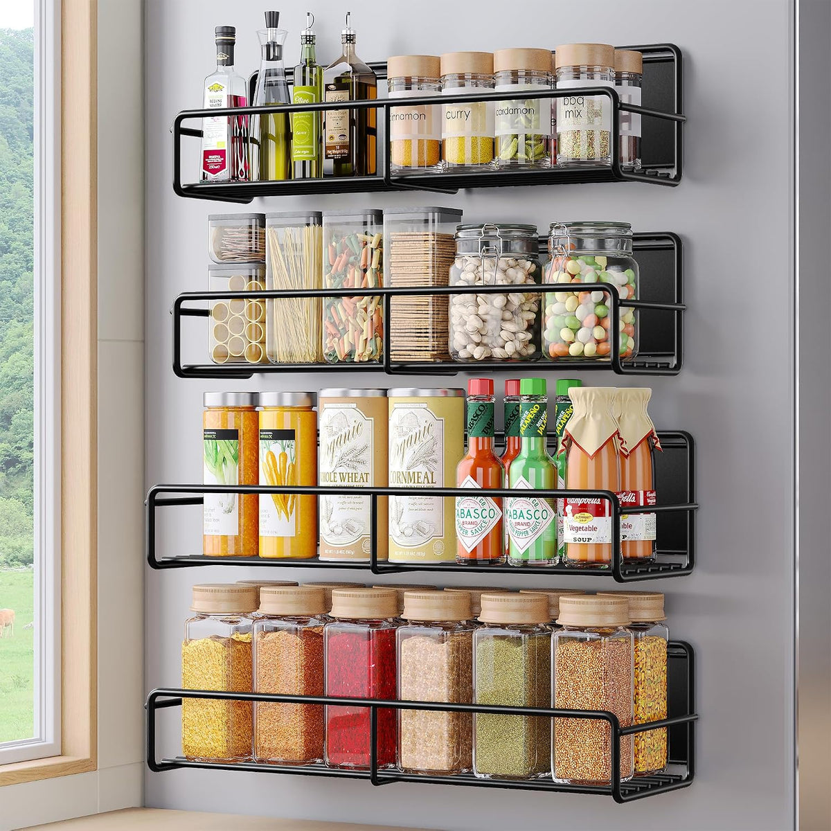 4 Pack Magnetic Spice Rack for Refrigerator, Magnetic Shelf Fridge Organizer for Kitchen Storage, Black