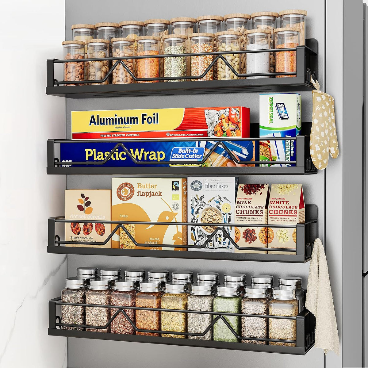 4 Pack Magnetic Spice Rack for Refrigerator, Magnetic Shelf Fridge Organizer for Kitchen Storage, Black